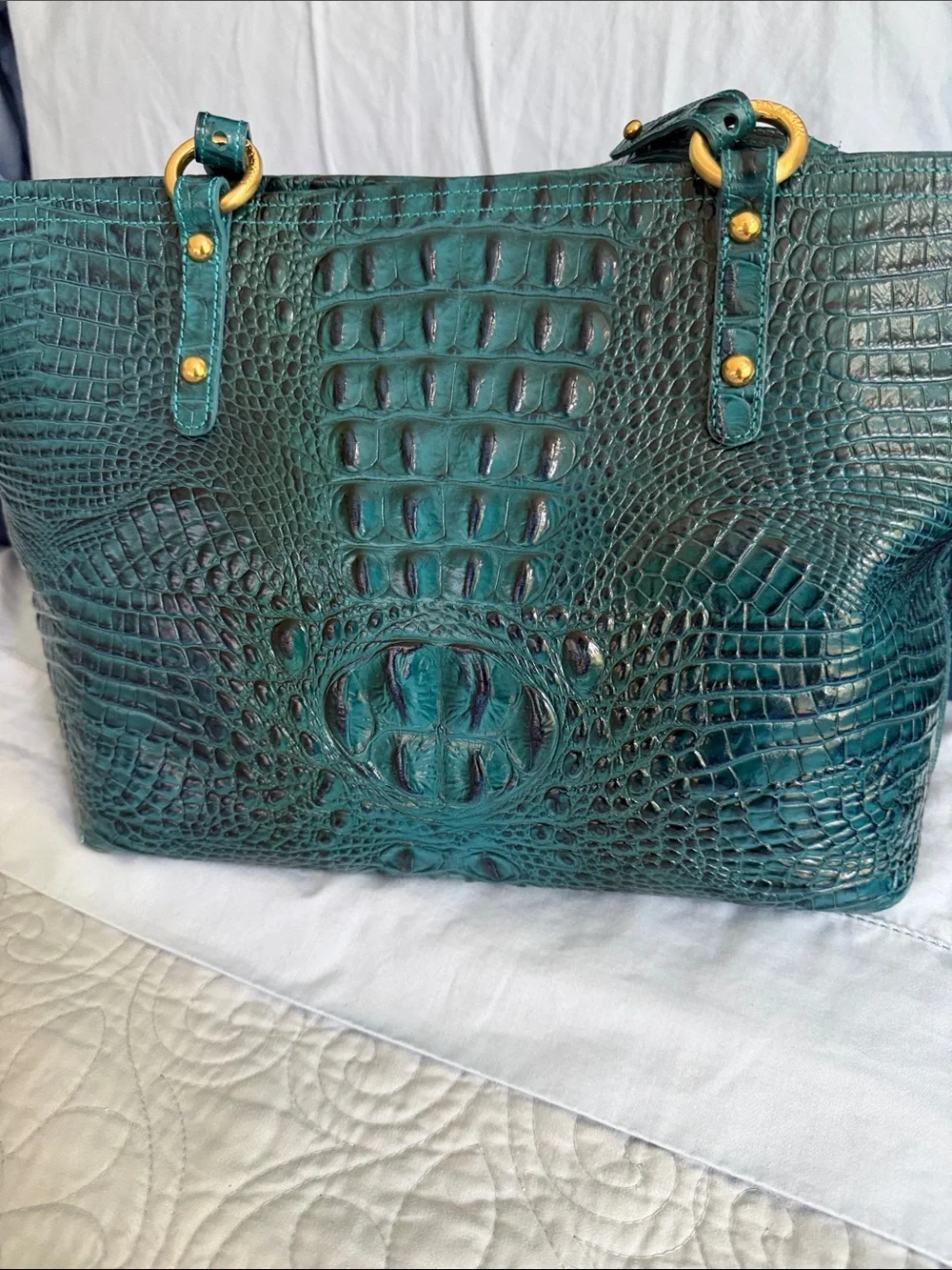 Brahmin Teal Croc-Embossed Shoulder Tote with Gold Accents